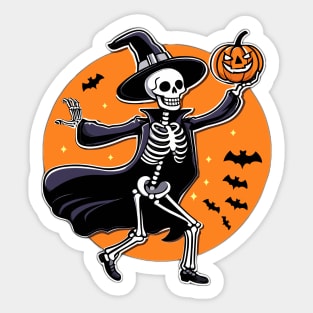 Halloween Skeleton Witch Holding Pumpkin T-Shirt Design Sticker